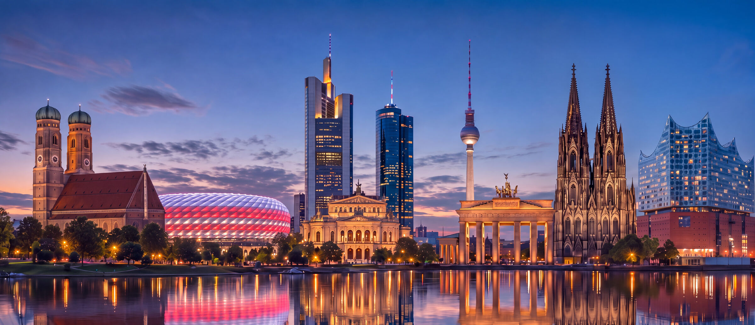 Skylines von München, Frankfurt am Main, Berlin, Köln und Hamburg