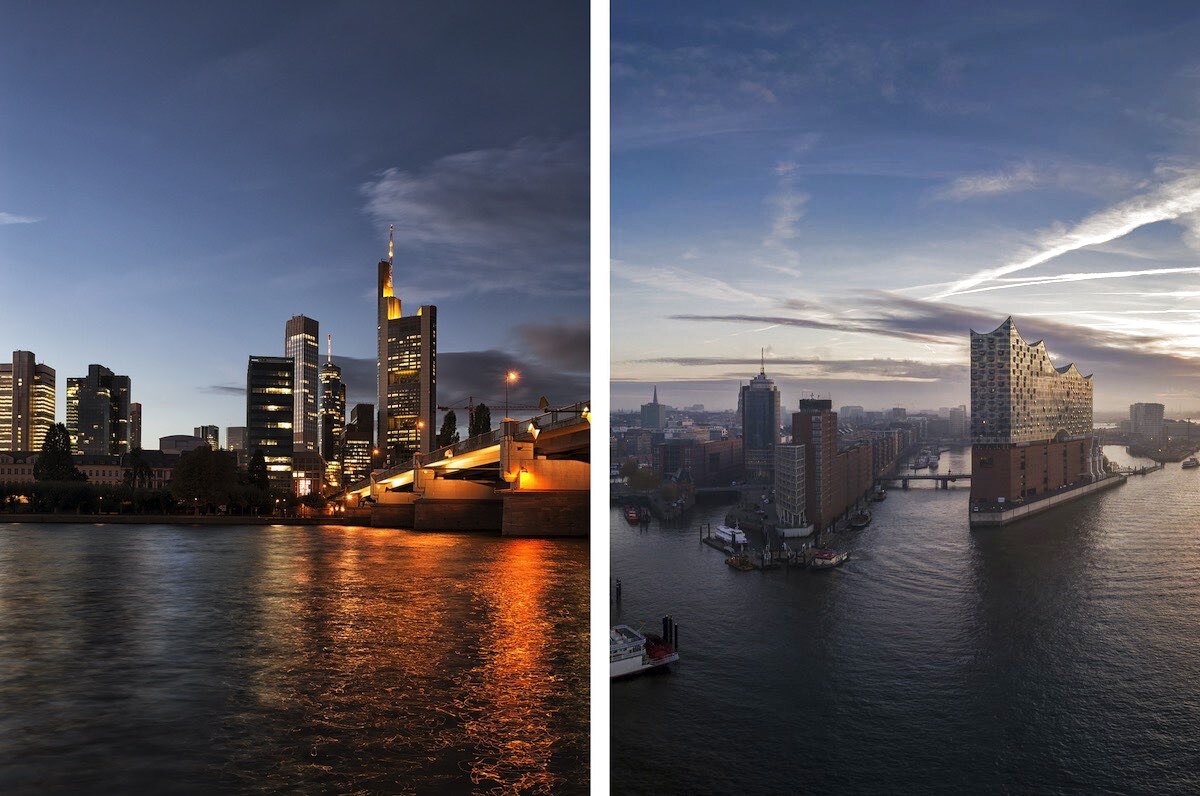 Skyline von Frankfurt und Hafen von Hamburg